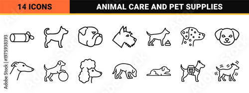 Pet care and dog breed minimalist outline icon set