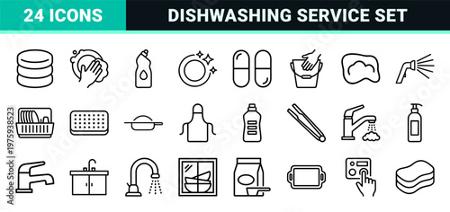 Minimalist kitchen hygiene and dishwashing outline icon set for home cleaning services.
