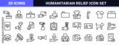 Charity and donation line icon set for social aid and volunteer work