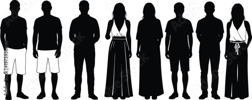 Set of diverse black and white silhouettes featuring men and women in casual summer clothing and elegant outfits standing together for community concepts.