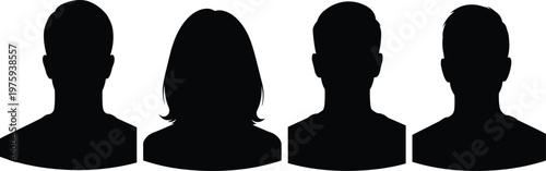 Set of four diverse male and female head and shoulders avatar silhouettes isolated on white background for user profile icons social media and community designs