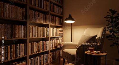 Cozy Home Library Reading Nook with Warm Ambient Light, Bookshelves, and Comfortable Armchair for Relaxation