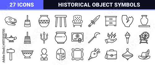 Vintage collectibles and antique historical artifacts minimalist outline icon set