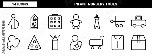 Minimalist child care and baby nursery outline icon set