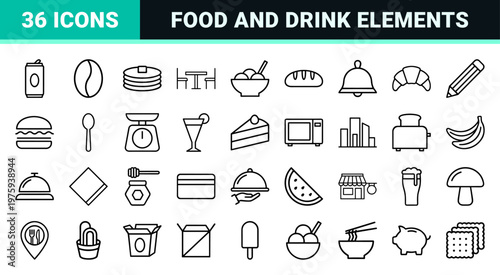 Minimalist food and drink line icon set for restaurant menus and catering services