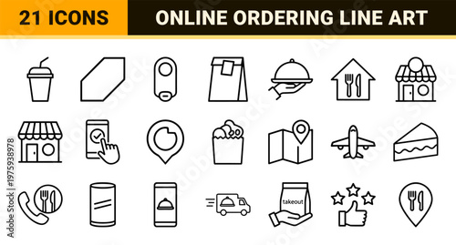 Restaurant and food delivery thin line icons set