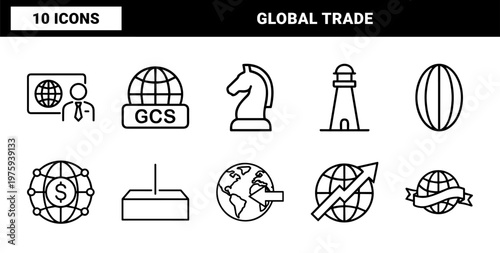 Minimalist global business and worldwide network line icon set