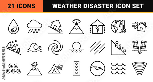 Natural disaster line icons set for emergency and weather warning designs