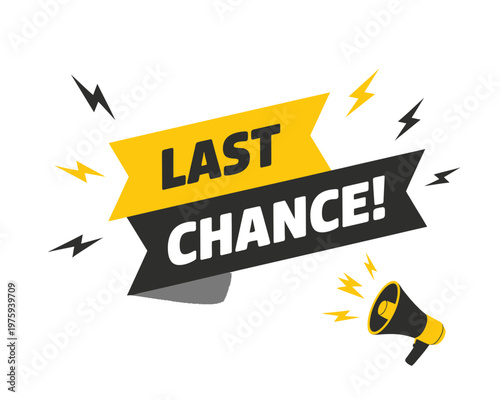Megaphone with “Last Chance” speech bubble, editable vector illustration for business marketing, announcements, discounts, and promotional campaigns, perfect for banners and advertising graphics.