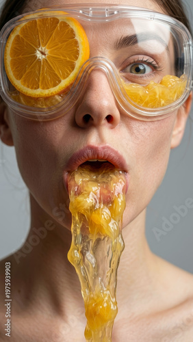 Portrait of a woman wearing goggles filled with orange slices and juice
