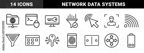 Digital technology and network security thin line icons set