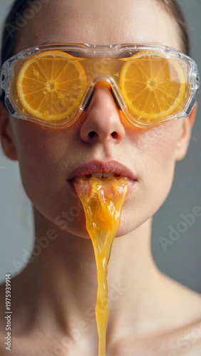 Portrait of a woman wearing goggles filled with orange slices and juice