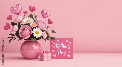 Pink Mother's Day bouquet with hearts and gift, festive floral arrangement