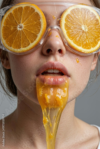 Portrait of a woman wearing goggles filled with orange slices and juice