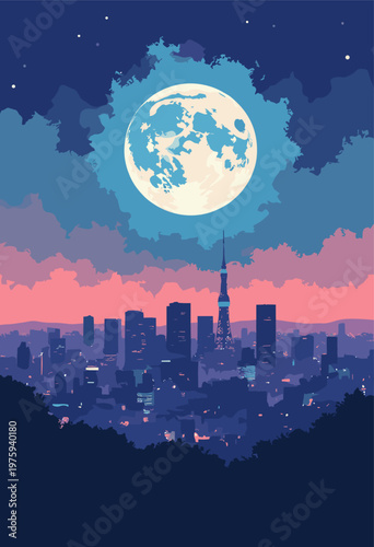 modern flat poster Tokyo skyline silhouette, devoid detail, acting as dark jagged border bottom entire sky is taken up breathtaking, glowing blue supermoon Ample negative space