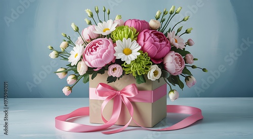 Beautiful pink flowers bouquet in gift box with ribbon on table