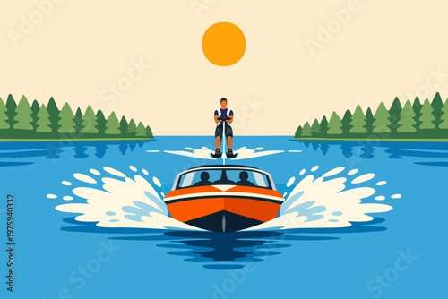 Symmetrical Speedboat Towing Water Skier Flat Design
