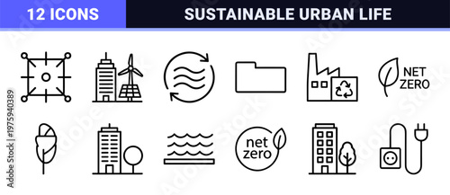 Sustainable city and renewable energy outline icons