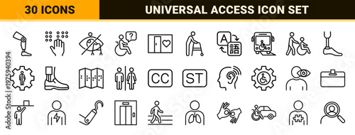 Minimalist accessibility and disability outline icons for medical and social services.