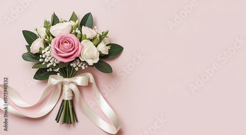 Bouquet of pink and white roses with ribbon on pastel background