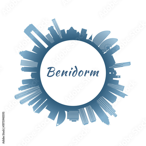 Benidorm skyline with colorful buildings. Circular style. Stock vector illustration
