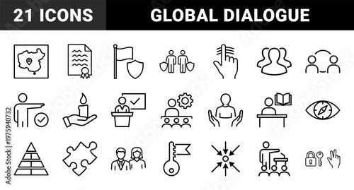 Diplomacy and international relations line icons collection. Handshake gavel globe symbols.