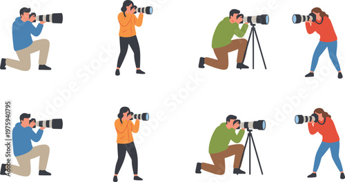 Set of professional male and female photographers in various poses using DSLR cameras with telephoto lenses and tripods vector illustration.