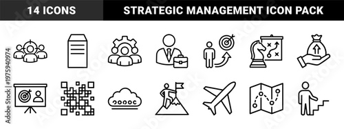 Business strategy and planning line icon set for corporate management and startup growth