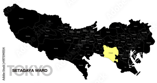 [日本地図] 東京都世田谷区の市区町村名入り位置地図 (英語)