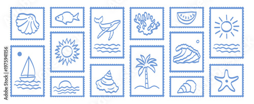 Hand-drawn summer ocean print, tropical sea set, ector illustrations, coastal blue post stamp beach sign design.Palm tree, wave, seashell, sun,summer badge, vintage sticker.Scrapbook, journal prints 