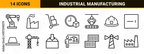 Industrial manufacturing and logistics outline icon set for mass production.