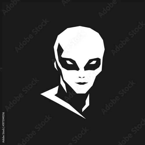 Minimalist Alien Head Vector Illustration in Geometric Style, Black and White Extraterrestrial Face Mascot for Sci Fi, Gaming, Branding and Modern Design