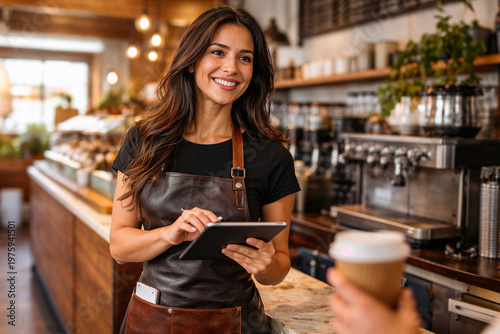 Smiling barista using tablet while serving coffee in cafe