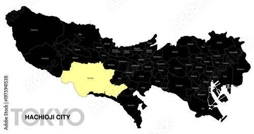 [日本地図] 東京都八王子市の市区町村名入り位置地図 (英語)