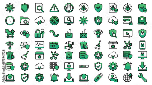 Cyber Security Web Icon Set in Green Linear Style. A collection of network protection icons, including encryption, malware, firewall, phishing, antivirus, server, cloud, data, safety