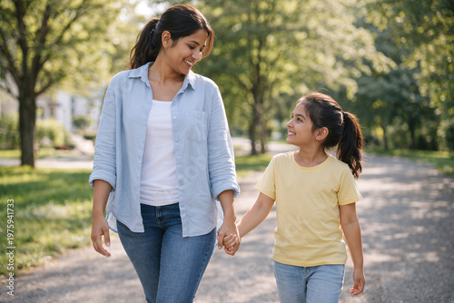 Mother and daughter walking together in park smiling happily