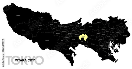 [日本地図] 東京都三鷹市の市区町村名入り位置地図 (英語)