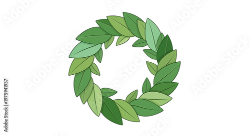 A circular wreath formed from multiple shades of green leaves on a white background, suggesting nature and eco-friendliness