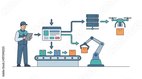 Automated Logistics Worker Supervising Smart Supply Chain Operations with Robotic Arm and Drone Delivery Line Art Illustration
