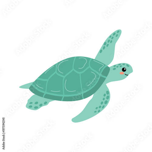Cute cartoon turtle illustration with a smiling face and flippers swimming in a light blue ocean, featuring a simple and colorful design suitable for children's content