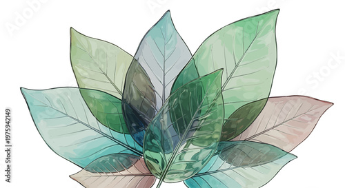 Harmonious layering of translucent botanical leaves in a spectrum of natural hues, creating a serene and intricate abstract floral design that embodies organic beauty and growth