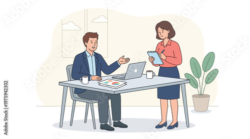 Business Meeting, Businessman Explaining to Businesswoman Taking Notes in Modern Office Flat Vector Illustration
