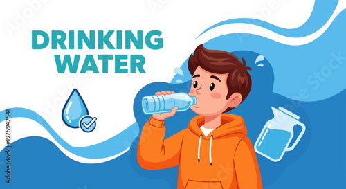 Illustration of a young boy drinking water from a bottle with a blue wave design