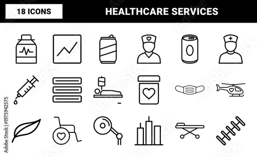 Healthcare and medical services thin line icons on white grid