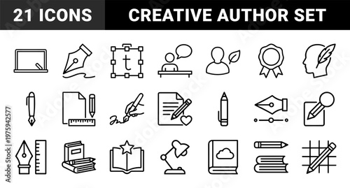 Minimalist writing and journalism line icon set for content creation and editing.