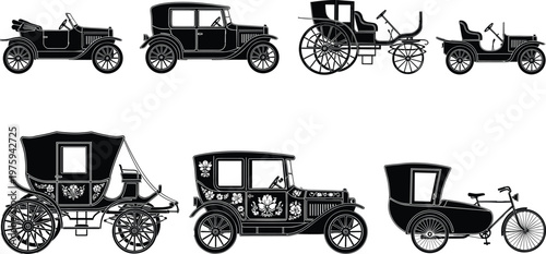 Vintage transport silhouette set of antique cars classic horse carriages and old bicycle with sidecar isolated on white background for historical and retro travel design