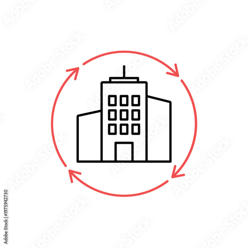 icon a remanufacturing with building and circular update arrows, isolated against a clean background.