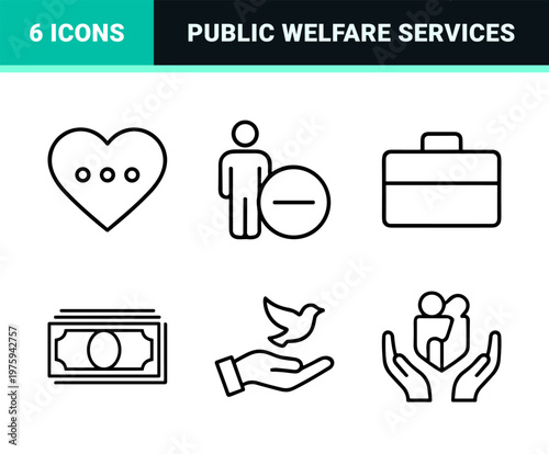 Minimalist social policy and public welfare line icon set