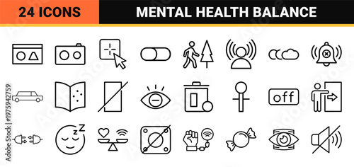 Minimalist digital detox and mental health wellness outline icon set