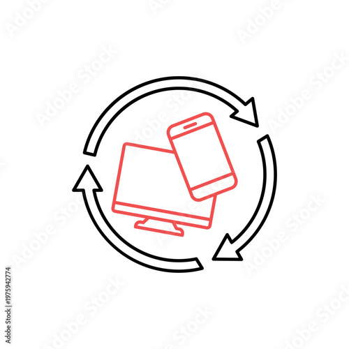 icon an e-waste with monitor smartphone and circular refresh arrows, isolated against a clean background.